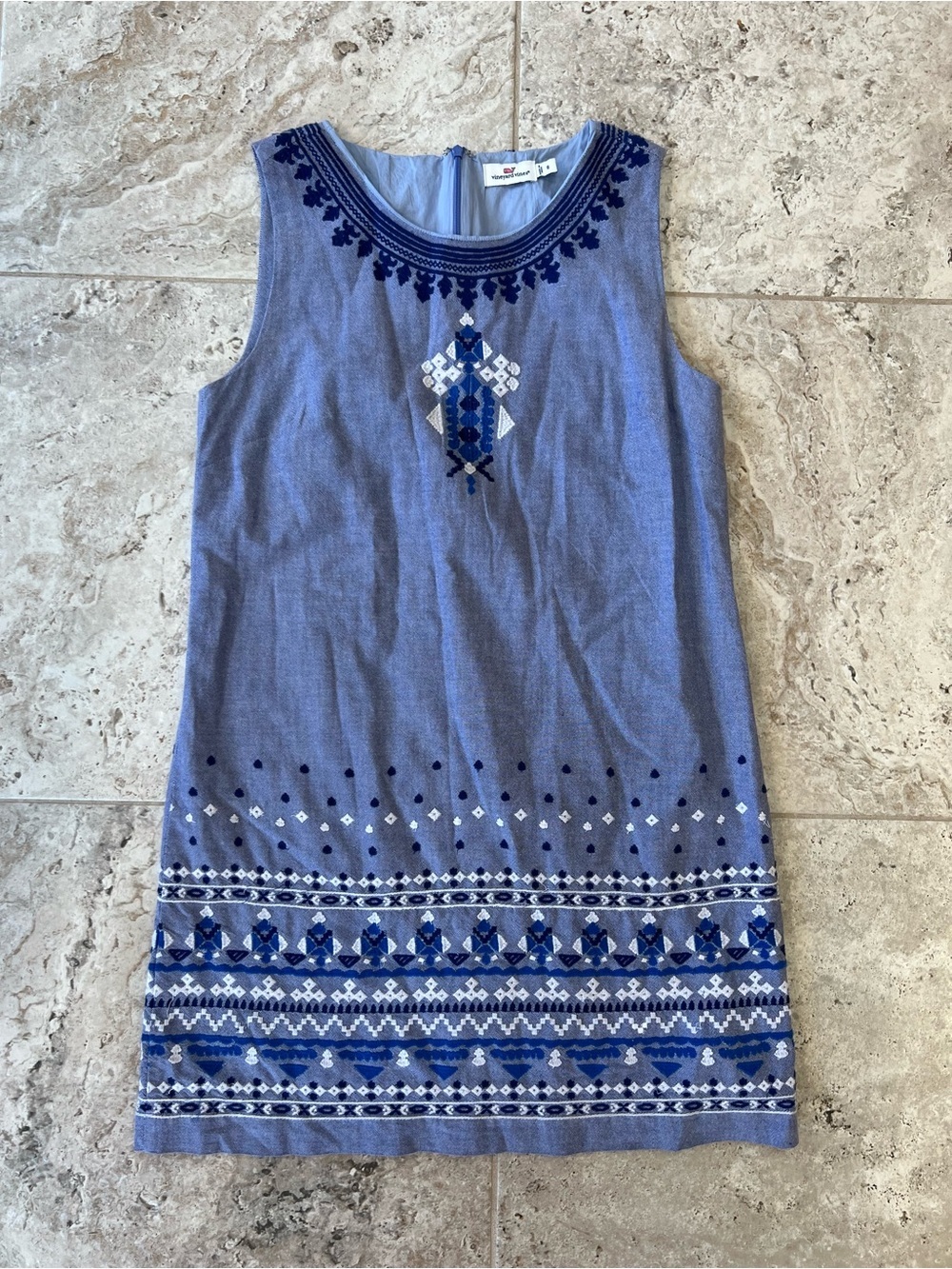 Vineyard Vines Embroidered Oxford Cotton Sleeveless Shift Dress, Blue/White, 8